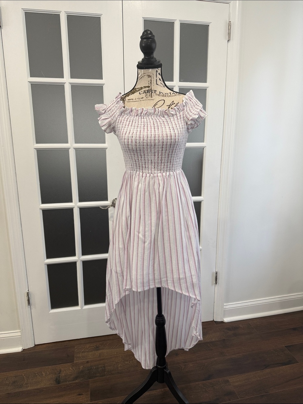 English Factory Pink and White Striped Off-Shoulder High-Low Dress